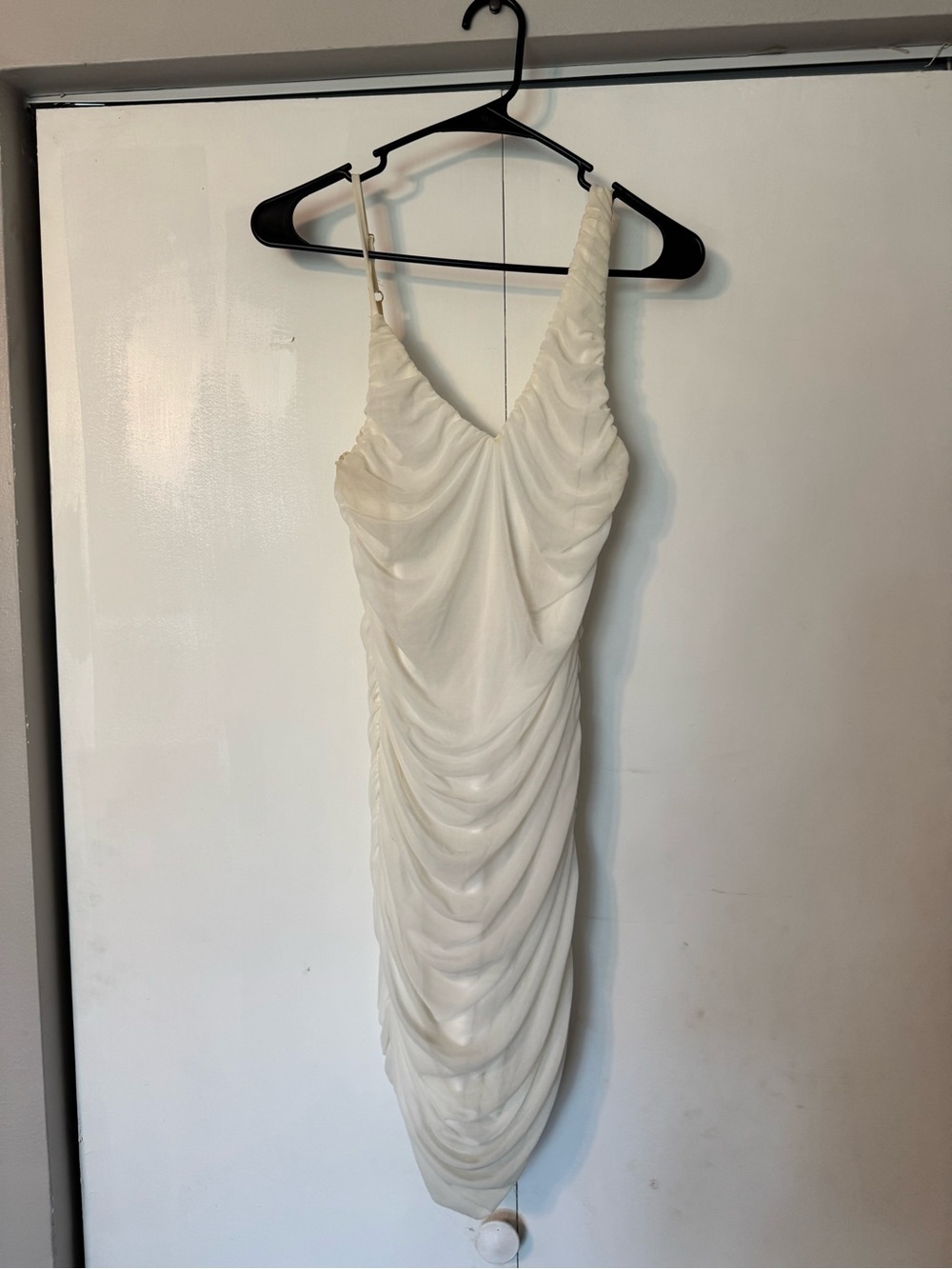 Ruched Ivory Midi Slip Dress with Spaghetti Straps